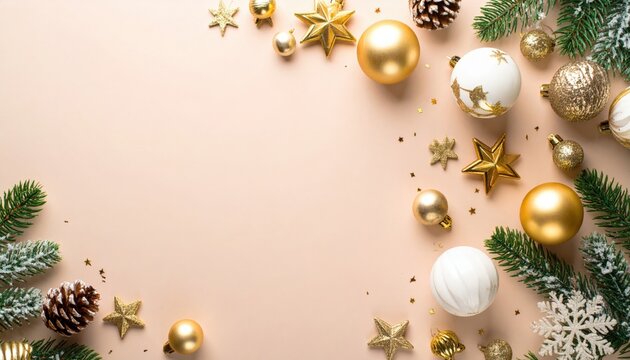 Festive christmas decoration arrangement elegant holiday setting image of ornaments and pinecones warm color palette top view celebration concept