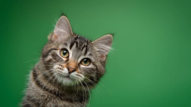 Cute tabby cat on green chroma key background, concept for editing and animation