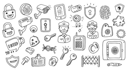 Hand-Drawn Security  Protection Doodles: Locks, Cameras, Guards,  Safety Icons