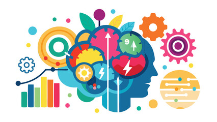 Colorful brain with gears and charts representing data analysis and creative thinking process flow chart