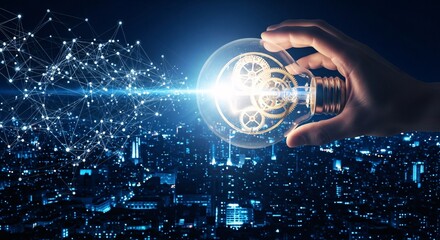 A hand holding a lightbulb with gears inside over a cityscape with a network connection overlaying