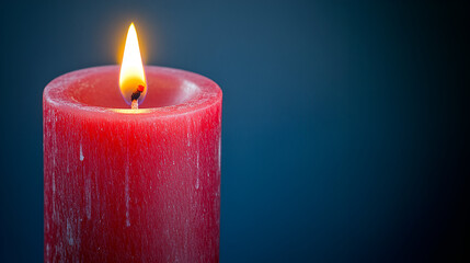 A vibrant red pillar candle glows warmly against a deep blue background, casting a serene light.