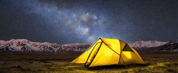 The Illuminated Tent Glowing Under a Starry Sky Against Majestic Mountains