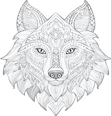 Fototapeta premium Decorative Wolf Line Art – Intricate Mandala Style Animal Illustration in Black and White