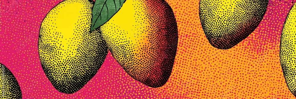 Aufkleber pop art mango patterns with bold halftone texture featuring bright colors and blank right margin for