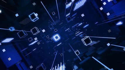 3d looped abstract background with data blocks. Information technology concept with data flow. Blue dark sci fi bg fly through hi tech digital space, neon light. Data flow in blockchain or bigdata. - Powered by Adobe