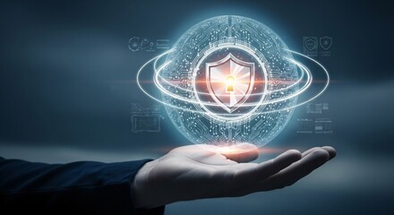 A hand holding a digital sphere with a shield and circuitry pattern in a dark blue background scene