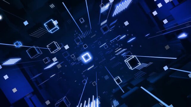 3d looped abstract background with data blocks. Information technology concept with data flow. Blue dark sci fi bg fly through hi tech digital space, neon light. Data flow in blockchain or bigdata.