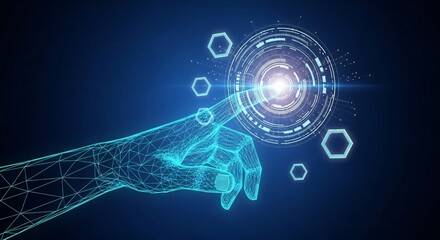 A wireframe hand touching a glowing circular interface with floating hexagons on a blue background
