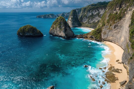 A stunning aerial view of a secluded tropical cove with turquoise water, white sand beach, and dramatic limestone cliffs