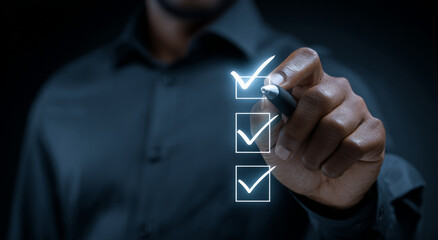 Focused professional completing digital checklist for service approval and quality control