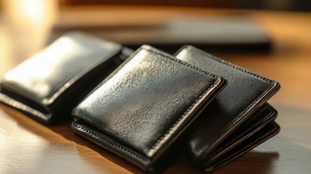 Three black leather wallets sit on a wooden table, awaiting use or storage