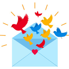 Obraz premium A whimsical illustration of an envelope overflowing with colorful birds symbolizing love letters, joyful news, or a burst of positive communication.
