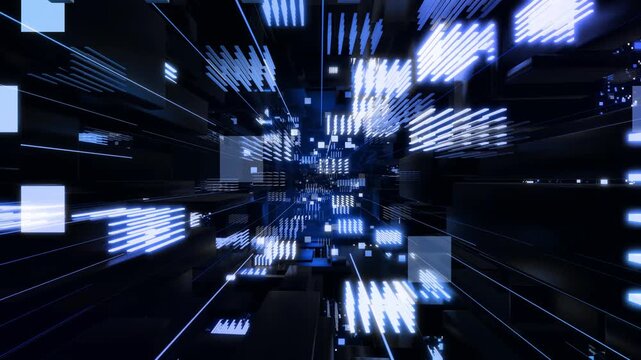 3d looped abstract background with data blocks. Information technology concept with data flow. Blue dark sci fi bg fly through hi tech digital space, neon light. Data flow in blockchain or bigdata. - Powered by Adobe