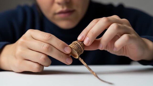 Intricate Carved Wooden Thimble Held by Hands, Craftsmanship and Detail Shown