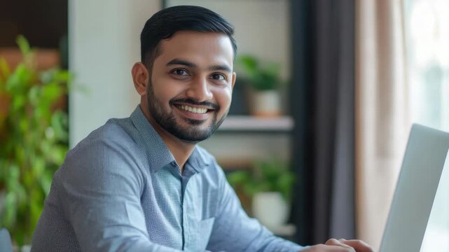 Smiling young man in professional attire working on a laptop, suggesting technology usage and work-related success. Positive atmosphere implied by the friendly demeanor.