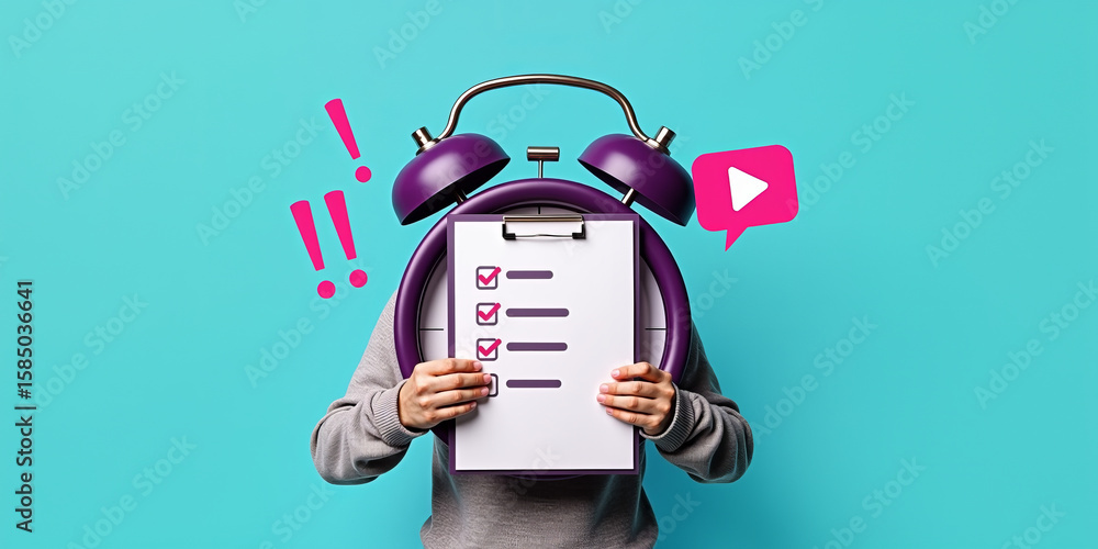 Poster time management and productivity checklist concept with person holding clipboard and alarm clock on 