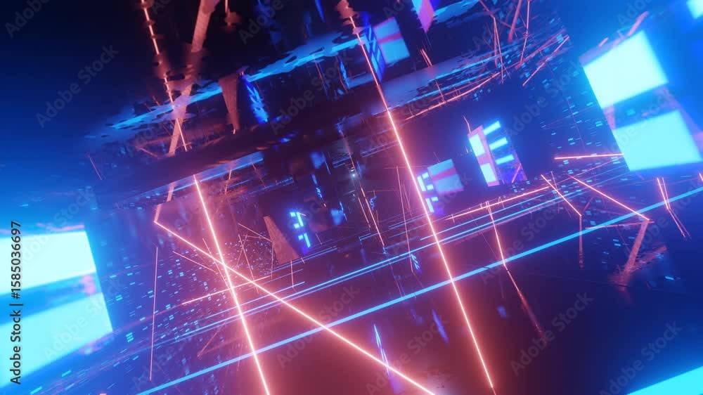 Poster hi-tech neon sci-fi tunel. trendy neon glow lines form pattern and construction in mirror tunnel. la