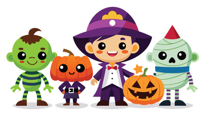 Obraz premium A group of cartoon halloween characters including a witch, pumpkin, zombie and mummy standing together