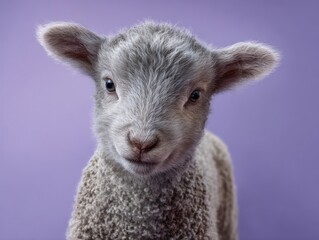 Fototapeta premium A charming close-up captures the innocent gaze of a fluffy lamb with soft gray wool against a lavender backdrop, showcasing its endearing features and gentle nature.