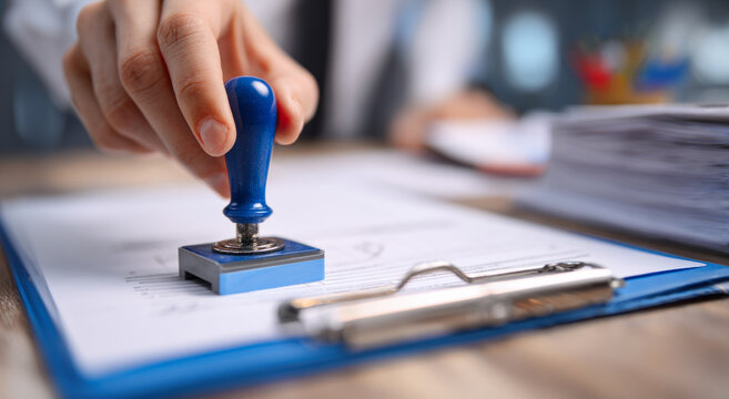 Focused businessperson hand stamping document on clipboard for final approval