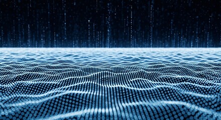 A digital landscape with a field of blue dots and falling lines against a dark background creating depth