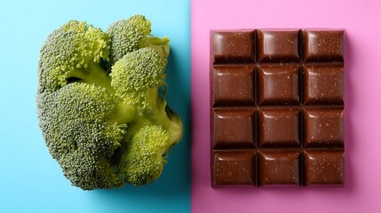 A vibrant comparison of chocolate and broccoli, illustrating the contrasting effects of food choices on health, fitness, and weight loss.
