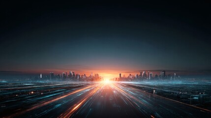 Obraz premium Cityscape at dusk with light trails showing urban development