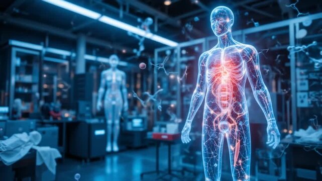 A high-tech laboratory with a holographic human body and molecular structures representing precise and targeted modern therapies for disease. 4k video - Powered by Adobe