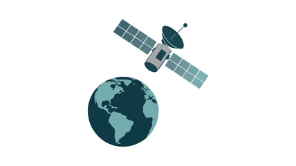 Satellite orbiting Earth icon in flat style representing communication and space technology
