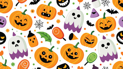 Seamless halloween pattern with pumpkins ghosts bats and candies on a white background festive design