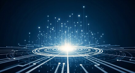 Abstract blue light emanating from center with lines and dots representing digital connectivity
