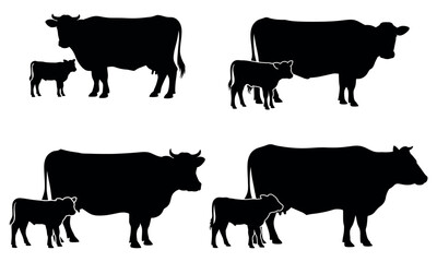 Cow and calf icon set in black silhouette representing farm animals and livestock
