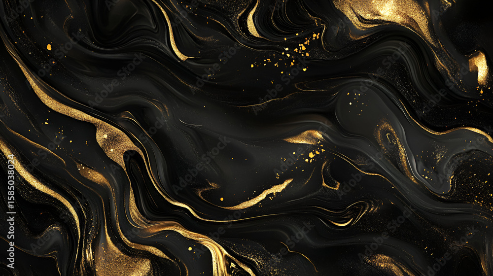 Poster luxurious dark fluid art with golden swirls and sparkling dust particles creating an opulent backdro
