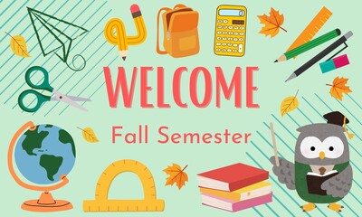 Back to school design with education icons, cartoon illustrations and infographic elements. Perfect for banners, cards and web layouts.