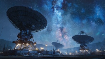 Radio telescopes under a starry night sky for astronomical observation