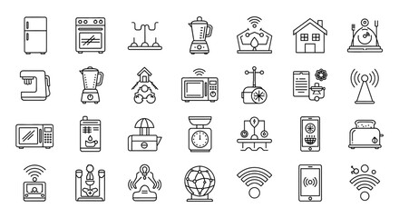 Home Appliances Vector Icon Set | Kitchen, refrigerator, microwave, oven, blender, coffee maker, scale, juicer, toaster, smart home devices