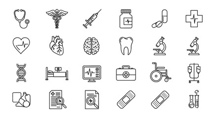 Naklejka premium Medical Vector Icon Set | Stethoscope, DNA, heart, brain, microscope, syringe, pills, document, hospital, bed, wheelchair, tests, aid icons