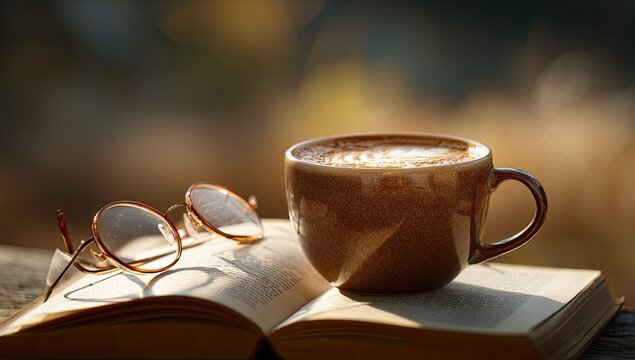 A cappuccino rests on an open book next to round spectacles, bathed in warm, dappled sunlight outdoors