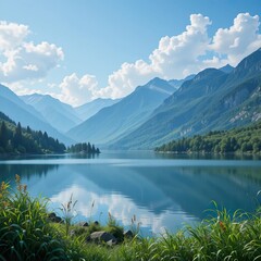 Naklejka premium Serene Mountain Lake Under Clouds: Peaceful Reflection of Blue Mountains and Sky on Calm Waters, and Nature's Dignity