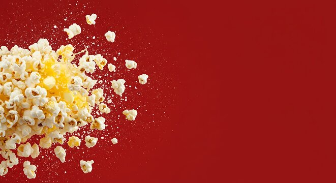 Popcorn bursts outward in a flurry of kernels and seasoning on a vibrant red background.
