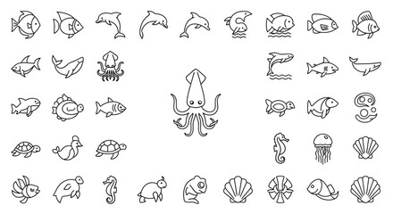 Sea Creatures Vector Icon Set | Fish, dolphin, whale, shark, turtle, seahorse, shell, squid, jellyfish, ocean, water, marine life icons