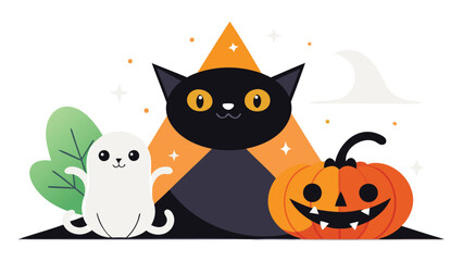 Fototapeta premium Cartoon halloween scene featuring a black cat ghost and pumpkin with triangle background design