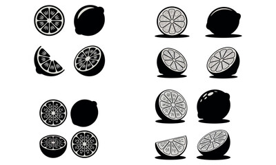 Citrus fruit icon set with sliced lemon or orange in black silhouette and outline style
