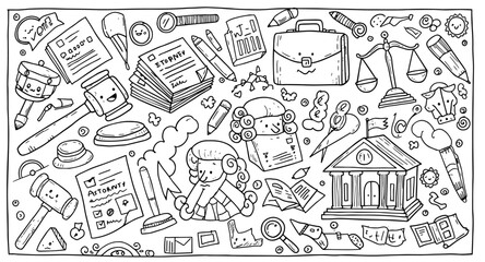 Cute Legal Profession Doodles: Gavel, Scales, Lawyers, Courtroom Items