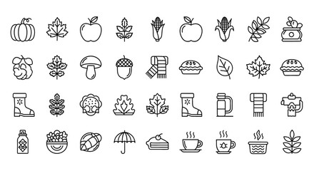 Autumn Vector Icon Set | Pumpkin, leaf, acorn, scarf, apple, corn, mushroom, pie, rain boot, hot drink, harvest, nature, Thanksgiving, seasonal