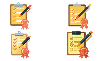 Checklist icon set with pen and award ribbon for tasks, goals and certifications
