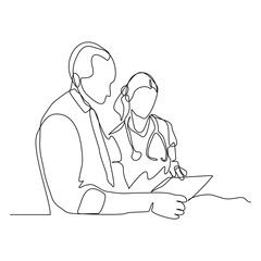 Continuous line of doctor discusses a patient's treatment plan with a nurse in the hospital. Sketch drawing editable stroke vector illustration