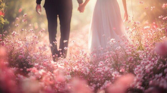 A couple walks hand-in-hand through a field of pink flowers, bathed in golden sunlight.  A wedding scene, showcasing a romantic moment
