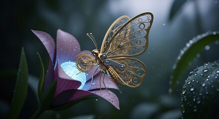 A steampunk butterfly with gears and metallic wings resting on a purple flower with water droplets